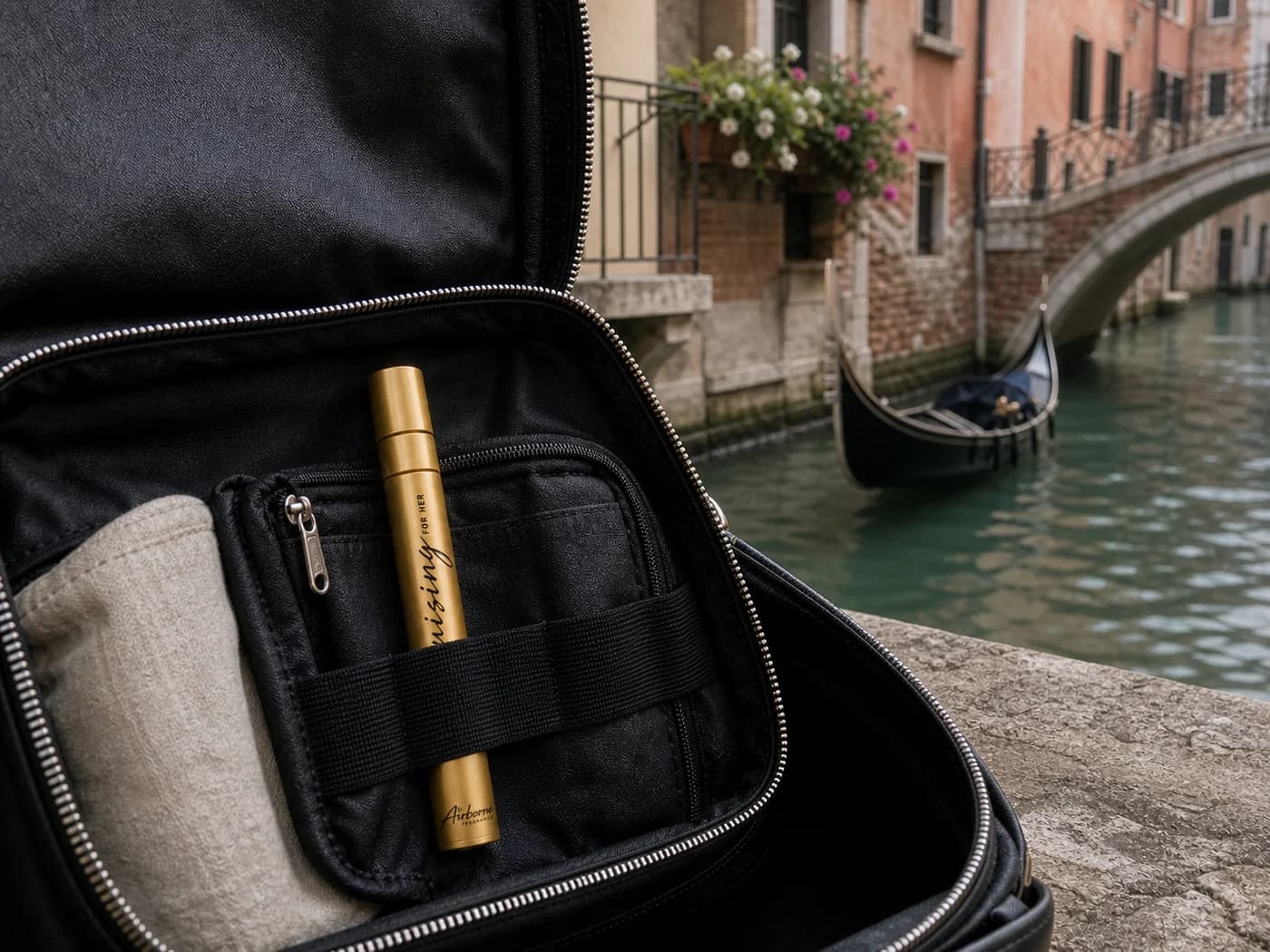 Cruising travel atomizer packed in a compact pouch beside a Venice canal