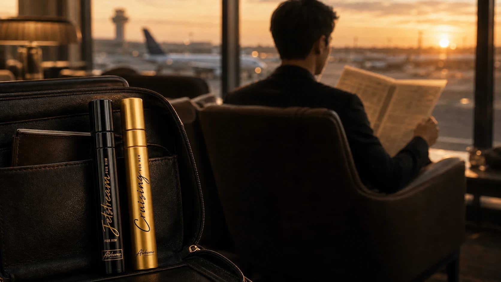 Airborne Jetstream and Cruising bottles packed in a leather organizer at an airport lounge